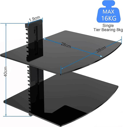 Suptek Glass Floating Shelves, TV Wall Mount with Shelf for DVD Player / PS4 / Cable Boxes/Game Consoles/Sky Box/TV Accessories, Flat Black 2-Tier Wall Mount Bracket