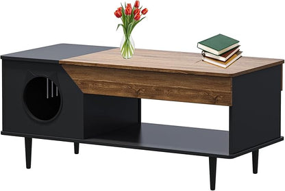 GAOMON Black Coffee Table 45'' Cat Living Room Tables with Storage Drawer, Wooden Rustic Coffee Table with Cat House, Multifunctional Hidden Kitty Litter Box Furniture