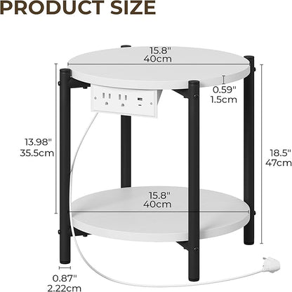LIKIMIO Small Round End Tables Set of 2 with Charging Station, 2-Tier Wooden Side Tables, 15.8" W Modern Nightstands for Small Spaces, Living Room, Bedroom, White
