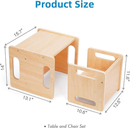 OOOK Montessori Weaning Table and Chair Set, Kids Activity Table and Chair Set with Fence for Read, Play Toys, Snack Time, Step Stool, 1-3 Year Old Kids Montessori Furniture