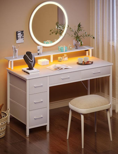 Seventable Computer Desk with Power Outlets & LED Light, 47 inch Home Office Desk with 5 Drawers, Writing Desk with Monitor Stand, Work Desk for Home Office, White