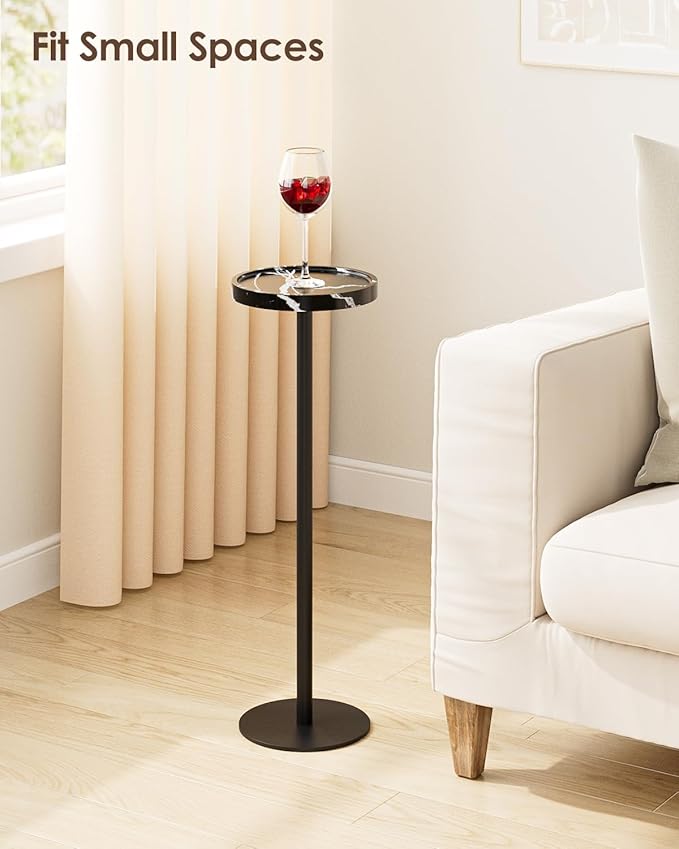Drink Table, Small Pedestal Side Table, Round Cocktail Table, Circle Accent End Table with Metal Base, for Small Spaces (2, Black Marble)