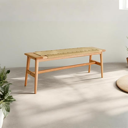 OOKSEN Entryway Bench, Solid Wood Dining Bench, 31.5" Wooden End of Bed Benches, Midcentury Modern Bedroom Benches Stool with Hand-Woven Rope for Kitchen Living Room Hallway