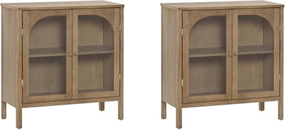 Nathan James Mason TV Stand, Free Standing Accent Sideboard Buffet, Credenza with Glass Doors and Adjustable Shelf in Brushed Light Brown Wood for Dining Room, Entryway and Living Room, Set of 2