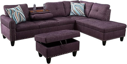 L Shaped Sectional Couches, Modular Sectional Sofa with Ottoman Storage, Nail-Head Design Lounge Sofa with Reversible Cup Holder for Living Room, Bedroom, Purple
