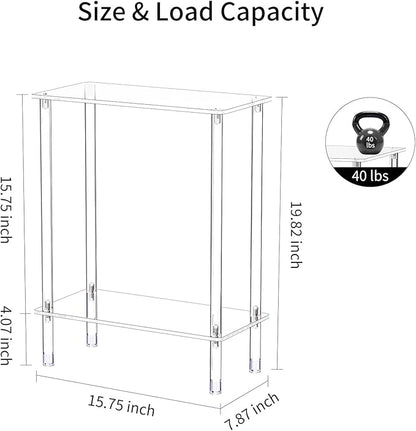 Clear Acrylic Narrow Side Table Set of 2 for Small Spaces, 15.75" L x 7.87" W x 19.82" H, 2 Tier Rectangle Slim End Table Nightstand, Small Bedside Table for Bedroom, Bathroom, Living Room