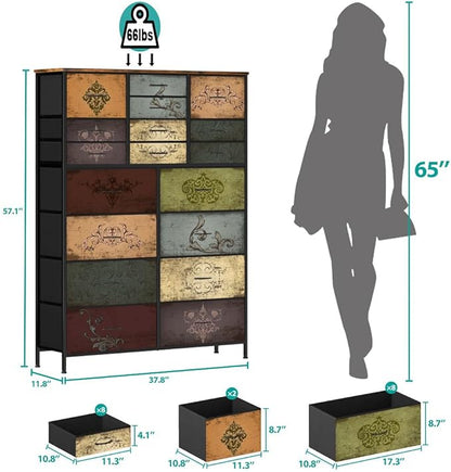 Dresser for Bedroom with 18 Drawers, Tall Fabric Storage Dresser, Chest of Drawers for Closet, Nursery, Bedside, Living Room, Laundry, Entryway, Hallway (Pattern)
