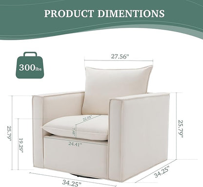 COLAMY Swivel Accent Chair, 34 Inches Wide Upholstered Arm Chair with Plump Back Pillow, Modern Sofa Living Room Chair for Bedroom, Corner, Reading Nook-Beige