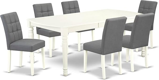 East West Furniture DOAS7-LWH-41 7 Piece Modern Dining Table Set Includes A Wood Table and 6 Platinum Gray Polyester Fabric Padded Chairs with Stylish Back- Linen White Finish