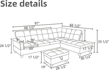 L Shaped Sectional Couches for Living Room, Modern Modular Sectional Sofa with Ottoman Storage, Comfy L Shaped Couch with Chaise for Bedroom Apartment Furniture, Gray