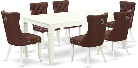 East West Furniture LGDA7-LWH-26 7 Piece Dining Set Contains a Rectangle Kitchen Table with Butterfly Leaf and 6 Polyester Fabric Upholstered Parson Chairs, 42x84 Inch, linen white