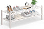 Haddockway Long 2 Tier Bamboo Shoe Rack Storage Organizer, Multifunctional Free Standing Stackable Shoe Shelf with Grid Panel for Closet,Hallway,Entryway,Small Space 34.2"x11"x13"(White, 2-Tier(Long))
