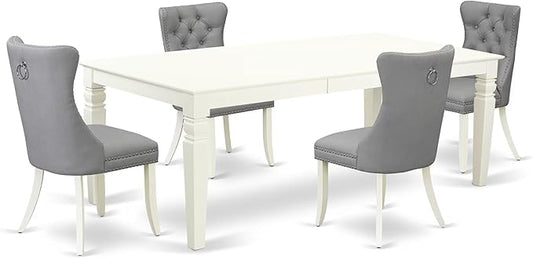 East West Furniture LGDA5-LWH-27 5 Piece Dining Room Set Contains a Rectangle Kitchen Table with Butterfly Leaf and 4 Polyester Fabric Upholstered Parson Chairs, 42x84 Inch, linen white