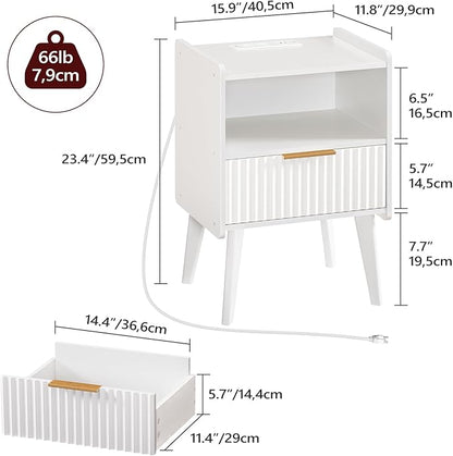 Fluted Nightstand, End Table, Small Modern Bedside Table with Charging Station, Side Table with Drawer, for Small Spaces, Bedroom, Living Room, White ETWT61E01N1
