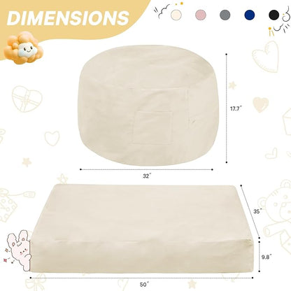 Kids Bean Bag Chair Bed - Convertible Lazy Chair to Floor Mattress with Filler - Small Beanbag Chair for Boys and Girls - Floor Couch Sofa in Bedroom, Classroom, Reading Nook - Beige