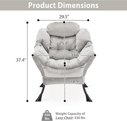 Lazy Chair Thick Padded, Comfy Velvet Accent Lounge Chair with Stable Frame, Leisure Sofa Armchair with Armrests and Side Pocket, Reading Chair for Bedroom, Living Room, Office, Light Gray