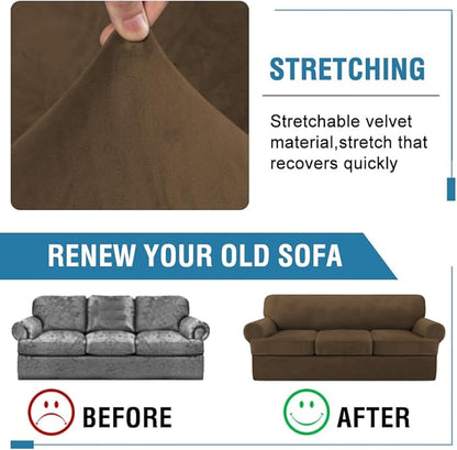 H.VERSAILTEX Sofa Cover 4 Piece T Cushion Sofa Slipcovers Thick Velvet Couch Cover Stretch T Cushion Sofa Covers for 3 Cushion Couch with 3 Individual T Cushion Covers, Bronze Brown