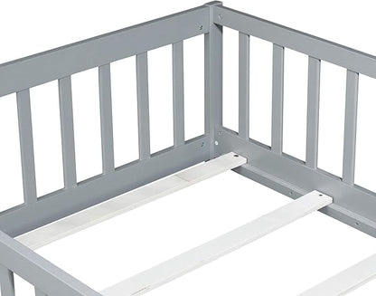Bellemave Twin Floor Bed with Slats and Safety Guardrails, Kids Montessori Floor Beds with Fence and Without Door, Easy Assemble Floor Bed for Kids, Girls, Boys, Gary