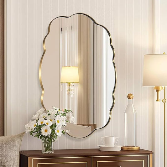 ANDY STAR Brushed Gold Scalloped Mirror - 24x32 Bathroom Mirror, Vintage Oval Wavy Wall Mirror, Brass Anti-Rust Stainless Steel Frame, Hang Vertical or Horizontal