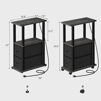 TUTOTAK Small Narrow End Tables, LED Side Tables with 2 Fabric Drawers, Set of 2, Bedside Tables with Charging Station for Small Spaces, Slim Nightstands with USB Ports and Wheels, TB01BY053L