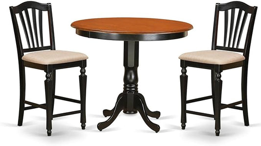 East West Furniture TRCH3-BLK-C 3 Piece Counter Height Dining Set for Small Spaces Contains a Round Kitchen Table and 2 Linen Fabric Dining Room Chairs, 42x42 Inch, Black & Cherry