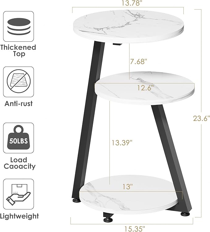 BEWISHOME Round End Table Marble Side Table with Metal Frame, Small Nightstand with 3-Tier Shelves, Night Stand for Living Room Bedroom Tall Black KTZ41H