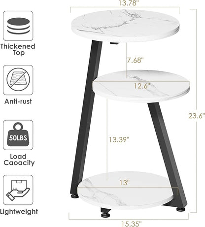 BEWISHOME Round End Table Marble Side Table with Metal Frame, Small Nightstand with 3-Tier Shelves, Night Stand for Living Room Bedroom Tall Black KTZ41H