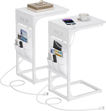 TUTOTAK C Shaped End Table with Charging Station, Side Table for Sofa, Couch Table with Storage Bag, Set of 2, TV Tray Table with 2 USB Ports and Outlets for Living Room, Bedroom, White TB01BW0242