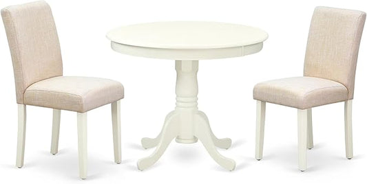 East West Furniture ANAB3-LWH-02 3 Piece Dinette Set for Small Spaces Contains a Round Kitchen Table with Pedestal and 2 Light Beige Linen Fabric Parson Chairs, 36x36 Inch, Linen White
