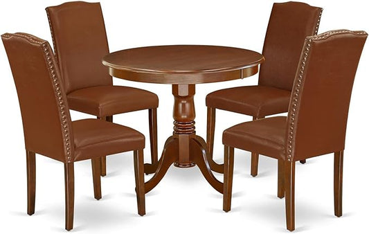 East West Furniture ANEN5-MAH-66 5 Piece Dining Set Includes a Round Dining Room Table with Pedestal and 4 Brown Faux Faux Leather Upholstered Parson Chairs, 36x36 Inch, Mahogany