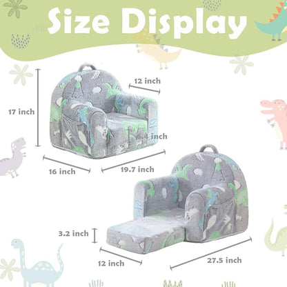Toddler Chair Comfy,Toddler Couch Fold Out, 2-in-1 Kids Sofa,Flip Out Kids Couch,Sofa Convertible,Children Reading Chair for Age 1-3(Grey Dino)