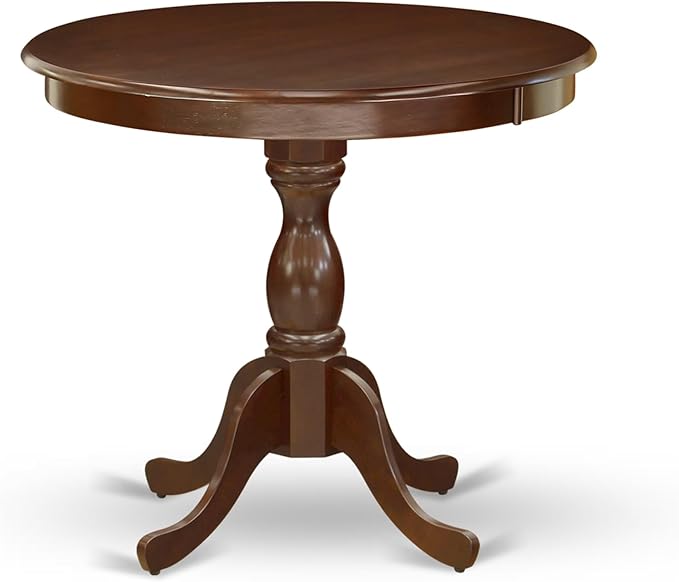 East West Furniture AMIP3-MAH-C 3 Piece Kitchen Table & Chairs Set Contains a Round Dining Room Table with Pedestal and 2 Linen Fabric Upholstered Chairs, 36x36 Inch, Mahogany