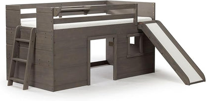 Max & Lily Loft Bed Twin Size, Solid Wood Low Loft Bed with Slide and Ladder, Modern Farmhouse Loft Bed for Kids, Driftwood