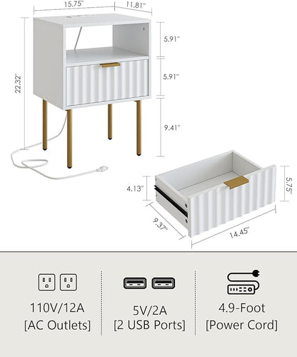 Masupu Nightstand with Charging Station,Mid-Century Modern Bedside Table with Storage Drawer and Open Wood Shelf,Small Gold Frame Side Table for Bedroom,Living Room (White Fluted)