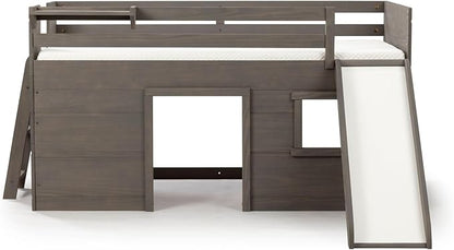 Max & Lily Loft Bed Twin Size, Solid Wood Low Loft Bed with Slide and Ladder, Modern Farmhouse Loft Bed for Kids, Driftwood