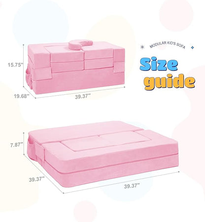 Modular Kids Sofa,Toddler Couch Foam Armchair for Kids, Children Convertible Plush Sofa Play Set,Fold Out SofaBed(Pink)