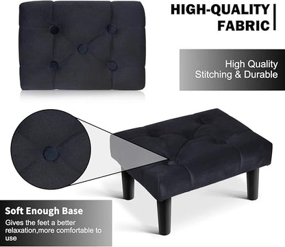 HOUCHICS Small Footstool Ottoman,Velvet Soft Footrest Ottoman with Wood Legs,Sofa Footrest Extra Seating for Living Room Entryway Office(Black 2PACK)