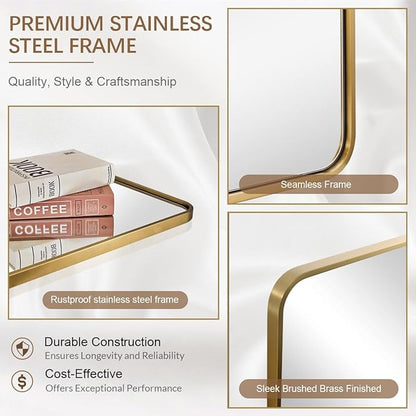 ANDY STAR Gold Bathroom Mirror for Wall, 30x36’’ Brushed Gold Rounded Rectangle Mirror for Vanity in SUS304-Anti-Rust, Wall-Mounted Horizontal/Vertical 1’’ Deep
