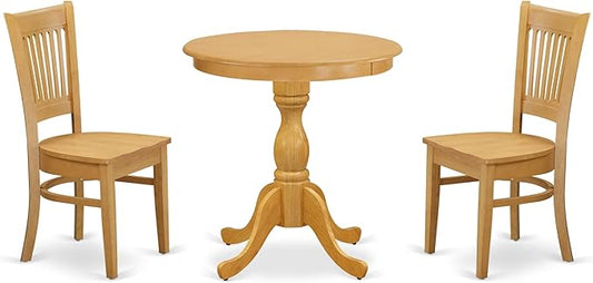 East West Furniture ESVA3-OAK-W 3 Piece Modern Dining Table Set Contains a Round Wooden Table with Pedestal and 2 Kitchen Dining Chairs, 30x30 Inch, Oak