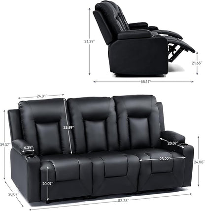LUCKLIFE Leather Recliner Sofa Set with Manual Recliners,Living Room Furniture Set with Reclining Couch,Loveseat and Armchair,Living Room Chair with Cup Holders,Black (3)