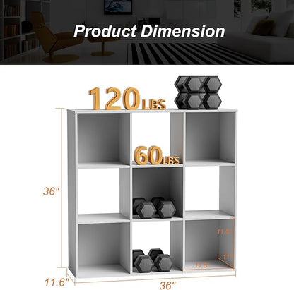 Sweetcrispy 9 Cube Storage Organizer - Open Cube Bookshelf with 5 Removable Back Panels, Display Storage Bookcase for Living Room, Bedroom, Entrance Hall, Home Office，36" L×11.6" W×36" H, White