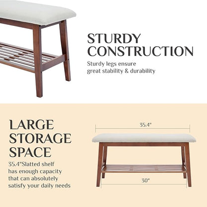 Entryway Shoe Bench, 35.4" Bamboo Bench for Bedroom End of Bed, 2-Tier Shoe Rack with Cushion Padded Seat, Shoe Organizer Stable for Entry Hallway Living Room Bedroom, 35.4"W x11.2"D x 17.7"H