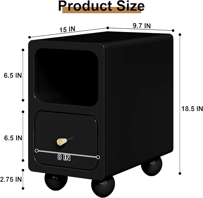 Solid Wood Nightstand, Narrow Night Stand with Drawers, Black Mid Century Modern Nightstand, Small Beside Table with Open Storage Shelf for Bedroom (10 inch)