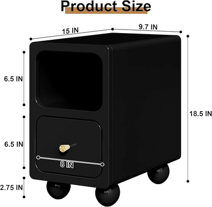 Solid Wood Nightstand, Narrow Night Stand with Drawers, Black Mid Century Modern Nightstand, Small Beside Table with Open Storage Shelf for Bedroom (10 inch)