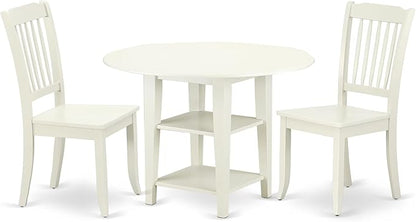 East West Furniture SUDA3-LWH-W 3 Piece Dining Room Table Set Contains a Round Dining Table with Dropleaf & Shelves and 2 Wood Seat Chairs, 42x42 Inch, Linen White
