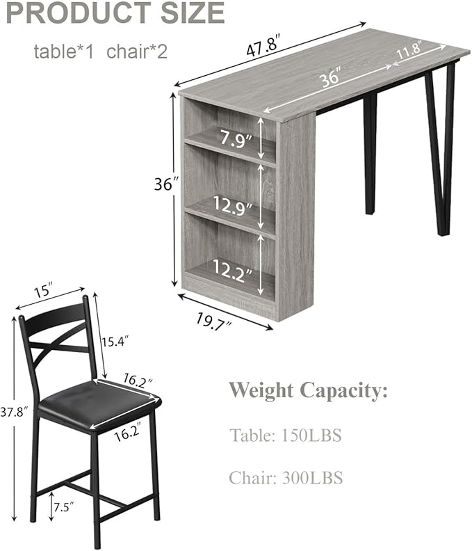 Garvee Bar Table and Chairs Set, 3 Piece Bar Table Set with with Flip Top Extension and Storage Shelves, Dining Table Set for 2, Suitable for Small Space Kitchen Apartment, Grey