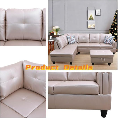 L Shaped Sectional Couch with Otttoman, 97" Leather Sectional Sofa for Living Room Modular Couches with Cup Holders for Bedroom, Apartments, Latte