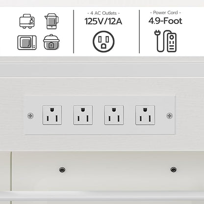 HOOBRO Bakers Rack with Power Outlet, 35.4 Inches Coffee Bar with Mesh Basket, Microwave Stand with 4 S-Shaped Hooks, Kitchen Bakers Rack with Storage, Easy to Assemble, White WT05HB01