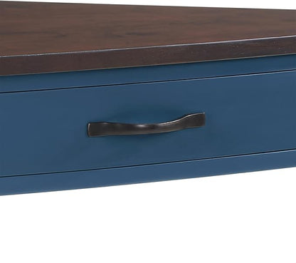 GDFStudio Trmxmbi 3 Tier Corner Console Table with 1 Storage Drawers and Shelves, 33.8'' Rustic Wood Triangle Sofa End Table for Small Spaces, Solid Wood Legs, Navy Blue and Espresso Top