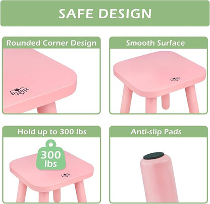 BEE&OAK Wooden Step Stools for Adults, Solid Rubber Wood Non-Slip Step Foot Stool, Heavy Duty 300 lbs One Step Stool for Bedroom, Bathroom, Kitchen (Pink, 9.25" (D) x 9.25"(W) x 8.86"(H))